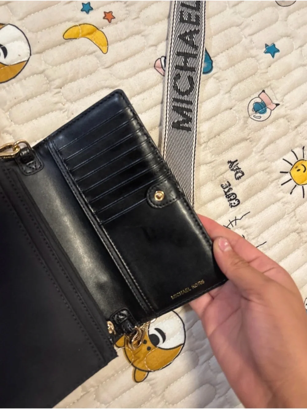 Michael Kors Black Leather Crossbody with Branded Strap and Gold-Tone Logo